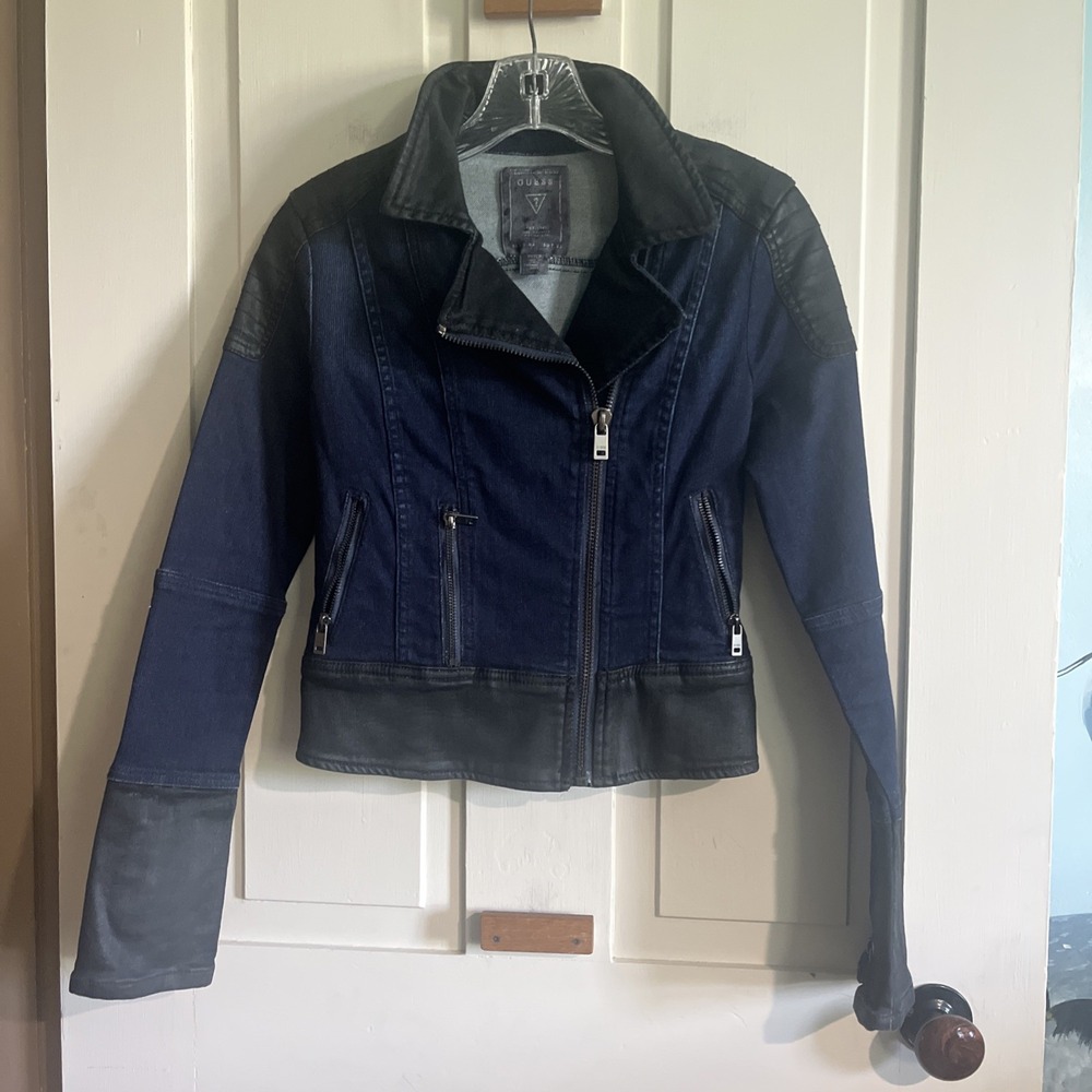 Guess Womens Denim Moto Jean Jacket two tone Size XS Asymmetrical Zip Blazer